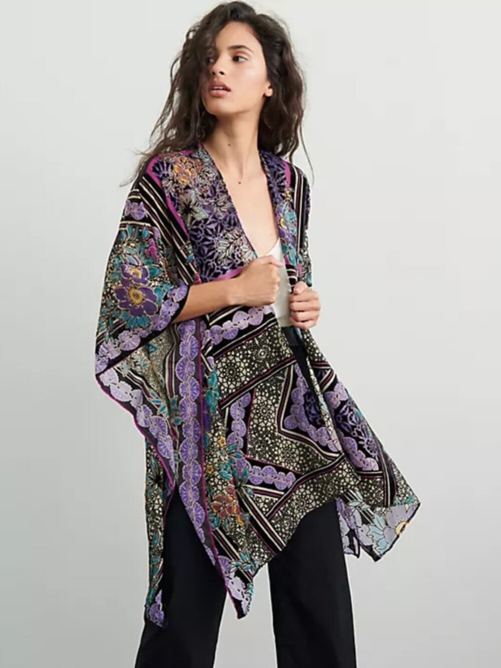 Anthropologie Silk Velvet Burnout Patchwork Floral Duster Kimono One Size